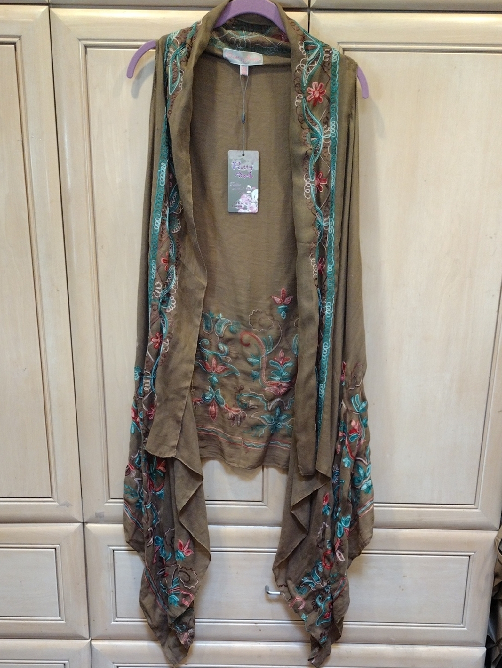 Pretty Angel Brown Open Front Vest with Teal & Coral Embroidery